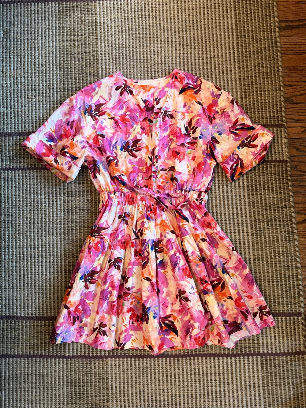 Ulla Johnson Nadira Dress : pink, orange, and purple floral print mini dress.